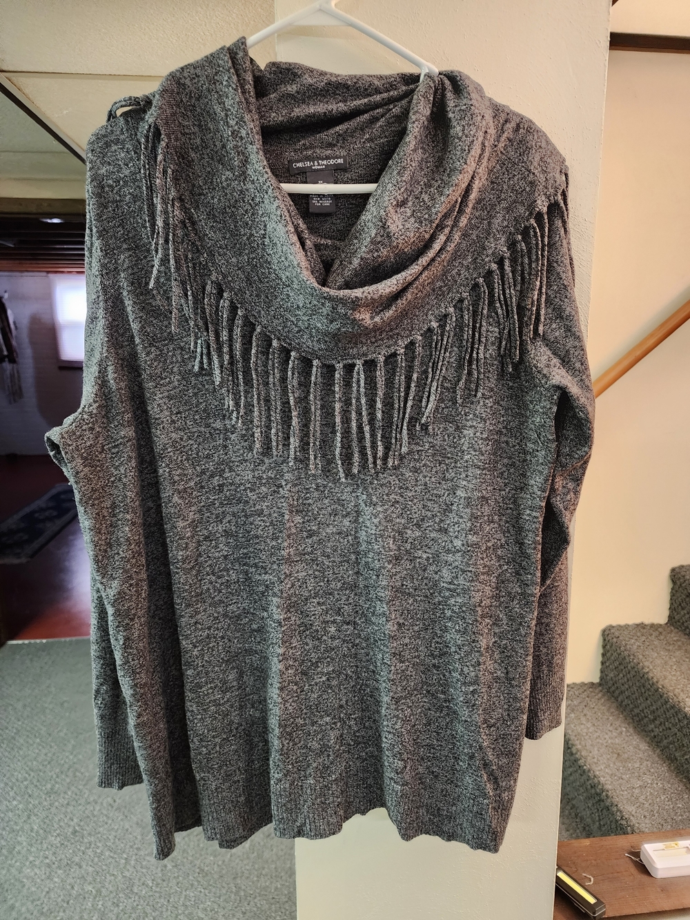 Chelsea & Theodore Gray Fringe Cowl-Neck Sweater 1x